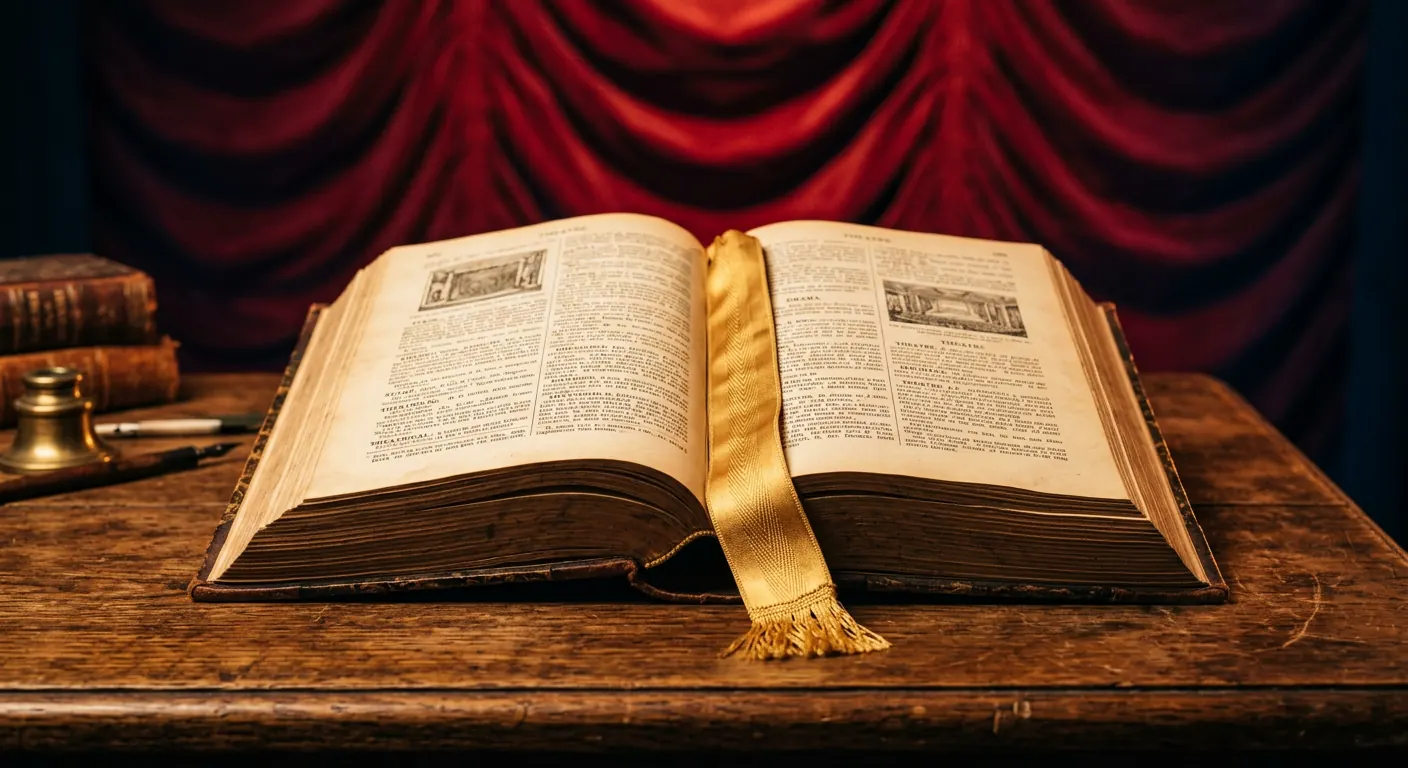 A vintage dictionary on a desk in warm stage lighting