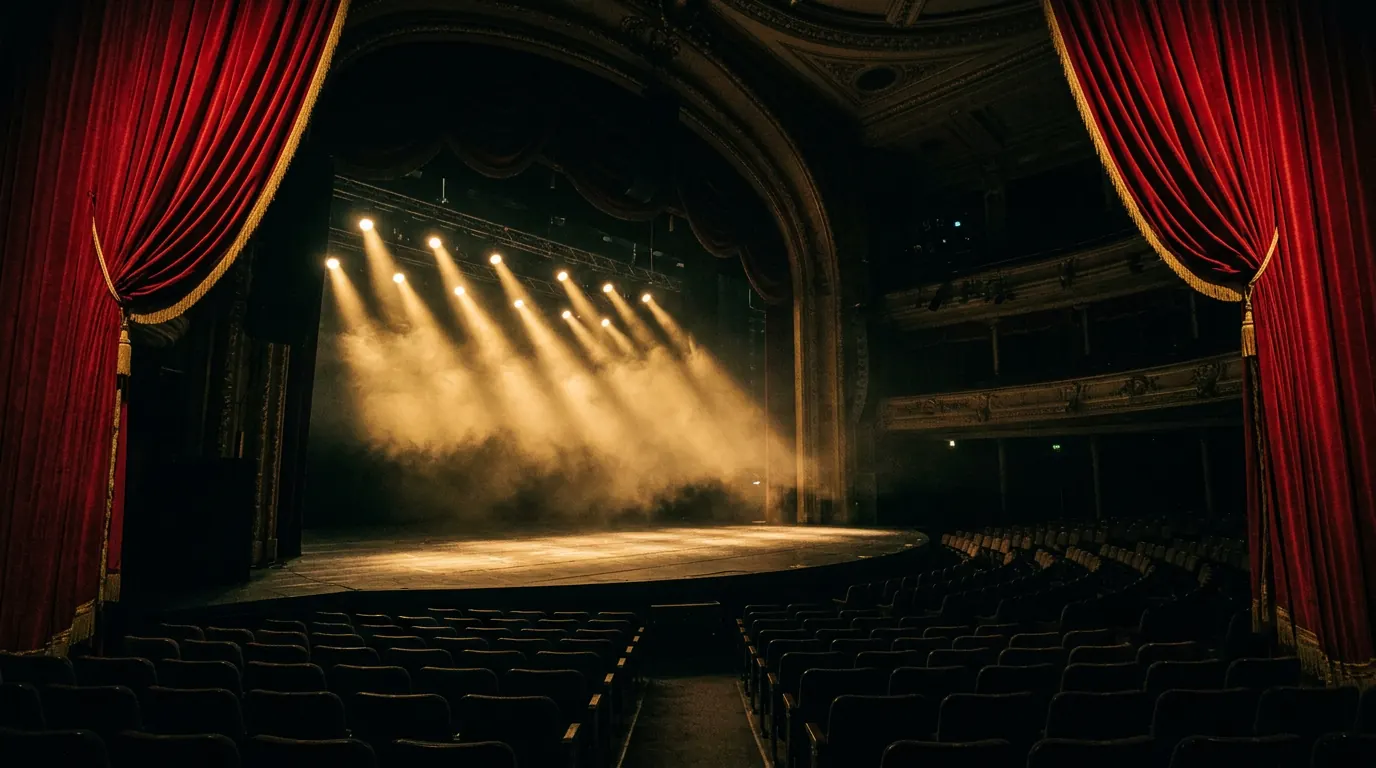 Empty theater stage with golden spotlights