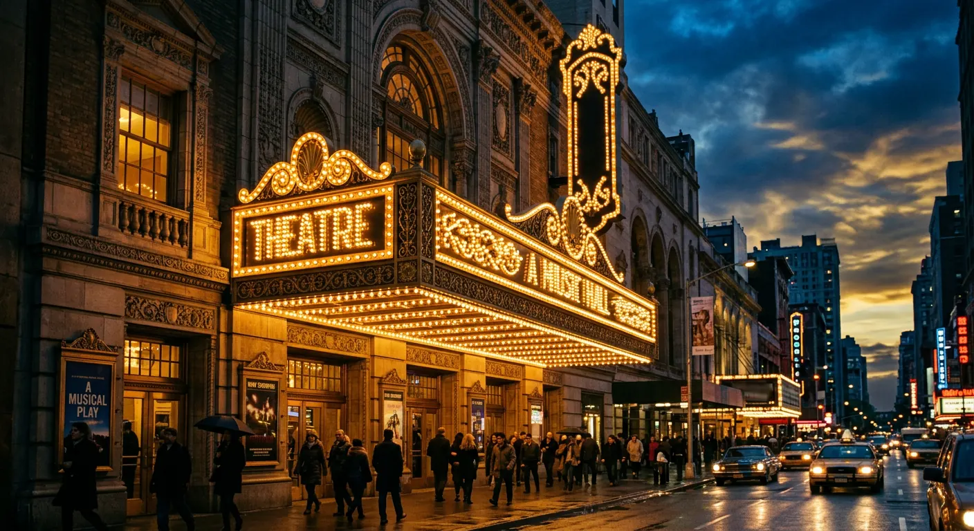 A historic theater marquee glowing at dusk