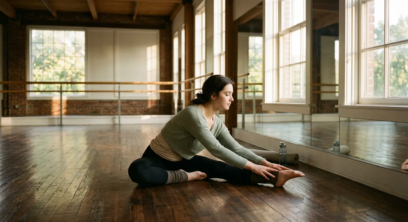 A performer warming up in a sunlit dance studio